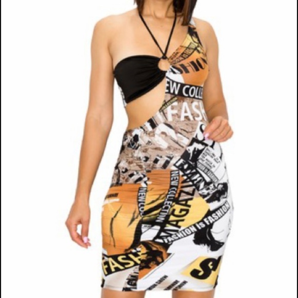 Fashionista Letter Print One Strap Halter Neck With Tie Cut Out